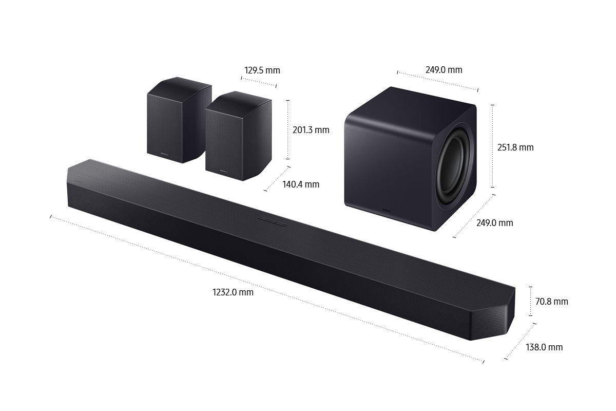 [ขนาดของ Sáms~úñg S~óúñd~bár H~W-Q990F (1232.0 x~ 70.8 x 138.0 มม.) พร้อมซับวูฟเฟอร์ (249.0 x 251.8 x 249.0 มม.) และลำโพงด้านหลัง (129.5 x~ 201.3 x140.4 มม.)]
