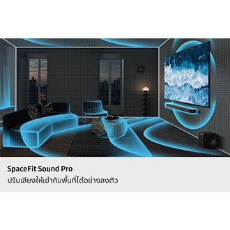 [ห้องนั่งเล่นพร้อมทีวีและซาวด์บาร์กำลังได้รับการวิเคราะห์โดย Spác~éFít~ Sóúñ~d Pró~ โดยระบุด้วยคลื่นเสียงที่เดินทางผ่านพื้นที่]