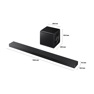 ขนาดของ Samsung Soundbar HW-QS700F (1160.0 x 51.0 x 120.0 มม.) พร้อมซับวูฟเฟอร์ (249.0 x 252.0 x 249.0 มม.)