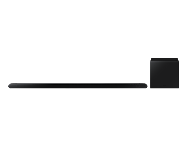 ดูราคาลำโพง Soundbar ที่มาพร้อม Ultra Slim Design ดีไซน์บางเฉียบกลมกลืนไปกับผนัง พร้อมกับระบบเสียง 3.1.2 CH ให้กำลังเสียง 330W. ด้านหน้าของ S800B 3.1.2ch Ultra Slim สี Black