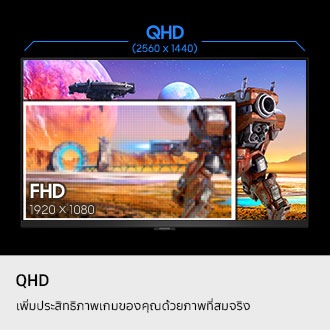 QHD ยกระดับเกมของคุณด้วยภาพสมจริง ความละเอียด QHD (2560 x 1440) แสดงภาพนักรบกำลังยิงเข้าประตูมิติ และความละเอียด FHD (1920 x 1080) แสดงภาพนักรบเพียงครึ่งเดียว