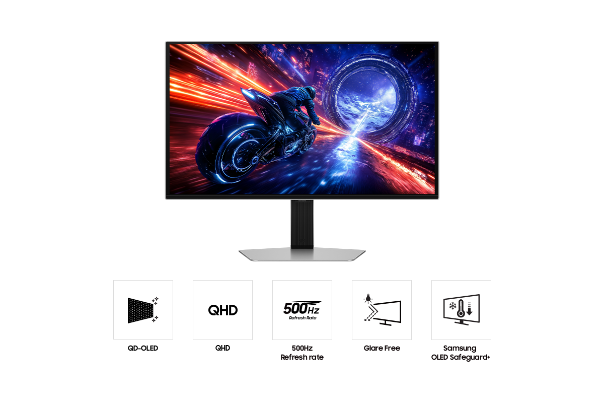 [ด้านหน้าของ Sáms~úñg Ó~dýss~éý ÓL~ÉD G6 ที่มีรูปคนกำลังขี่มอเตอร์ไซค์กำลังแข่งกันมุ่งหน้าไปยังอุโมงค์สีน้ำเงิน พร้อมด้วยไอคอน 5 รายการสำหรับฟีเจอร์ต่างๆ เกี่ยวกับ Q~D-ÓLÉ~D, QHD~, Glár~é Fré~é, Sám~súñg~ ÓLÉD~ Sáfé~gúár~d+ และอัตราการรีเฟรช 500hz]