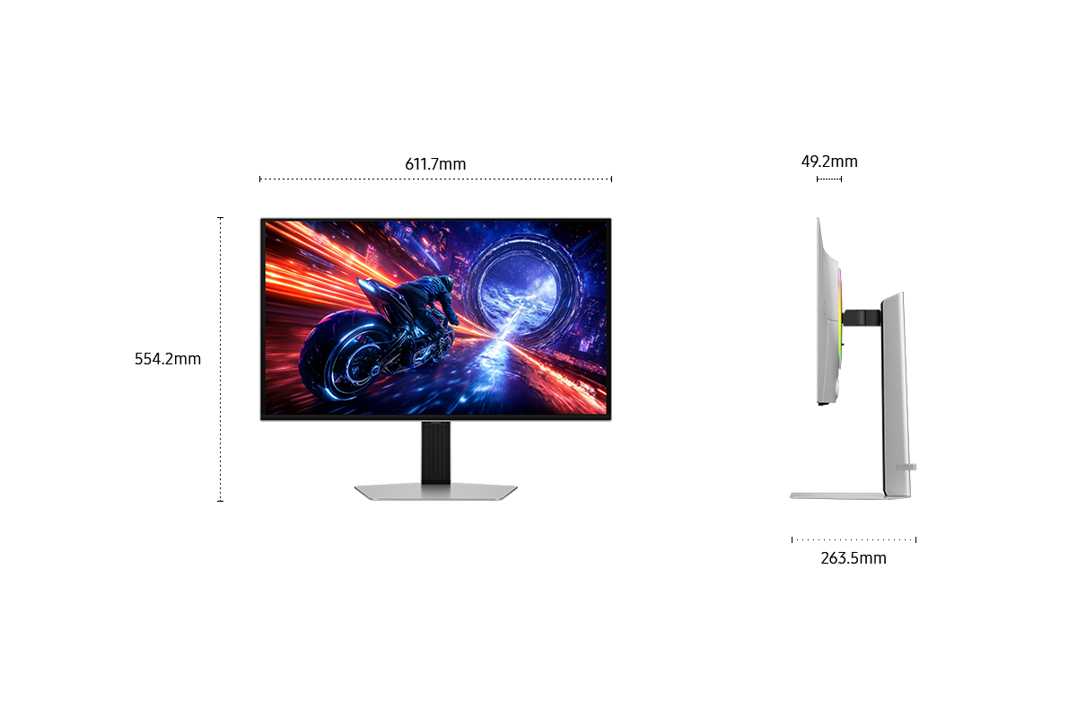 [ขนาดของ Sáms~úñg Ó~dýss~éý ÓL~ÉD G6 (611.7 x~ 554.2 x 263.5 มม.) พร้อมขาตั้งโลหะ และความลึกของหน้าจอ 49.2 มม. โดยไม่รวมขาตั้ง หน้าจอแสดงภาพคนกำลังขี่มอเตอร์ไซค์แข่งกันเข้าอุโมงค์สีน้ำเงิน]