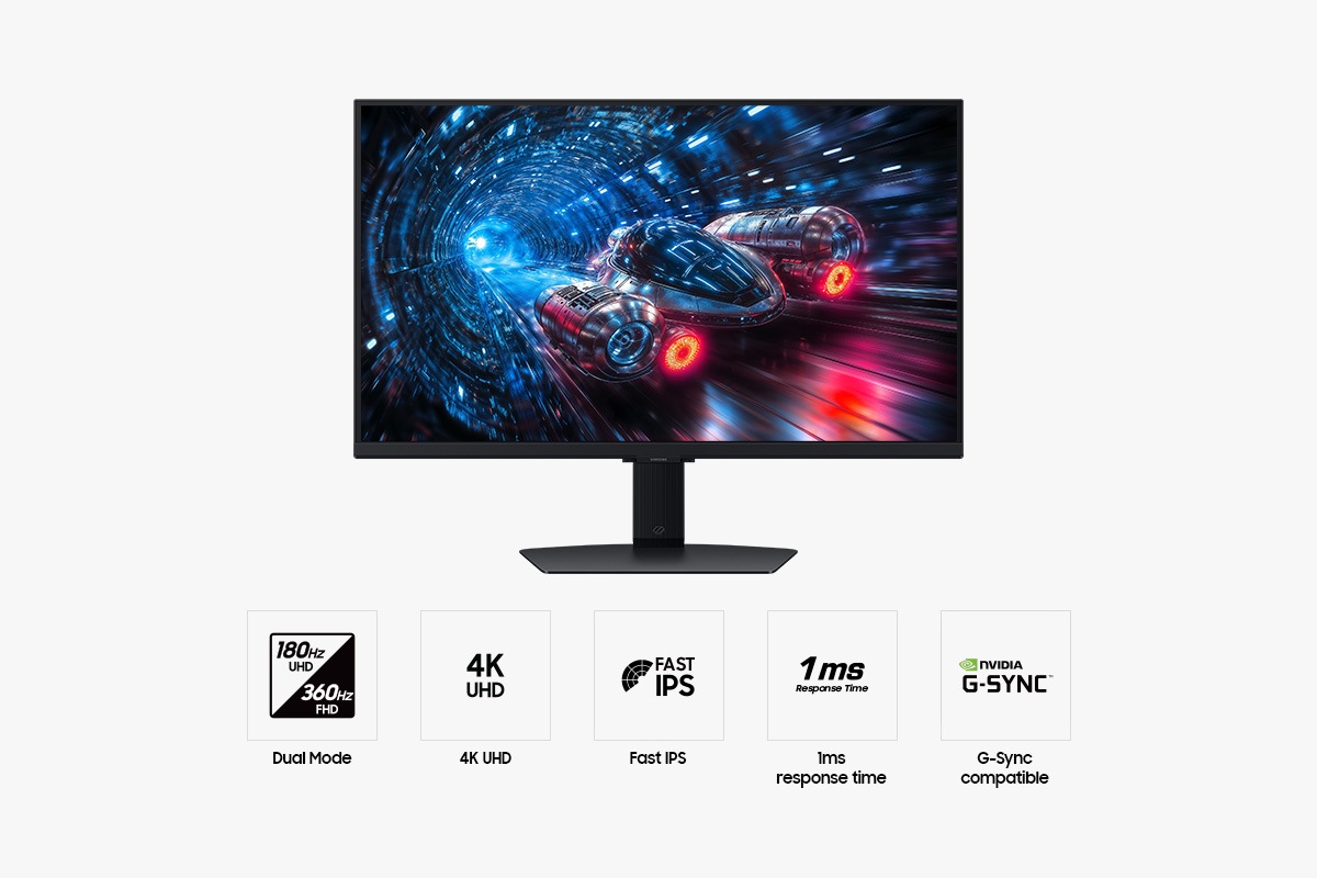 ด้านหน้าของ Samsung Odyssey G7 พร้อมหน้าจอที่แสดงภาพยานอวกาศกำลังแล่นผ่านอุโมงค์สีฟ้านีออน ไอคอน 5 ตัวสำหรับฟีเจอร์ต่างๆ ได้แก่ Dual Mode, 4K UHD, Fast IPS, เวลาตอบสนอง 1ms และรองรับ NVIDIA G-Sync