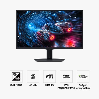 ด้านหน้าของ Samsung Odyssey G7 พร้อมหน้าจอที่แสดงภาพยานอวกาศกำลังแล่นผ่านอุโมงค์สีฟ้านีออน ไอคอน 5 ตัวสำหรับฟีเจอร์ต่างๆ ได้แก่ Dual Mode, 4K UHD, Fast IPS, เวลาตอบสนอง 1ms และรองรับ NVIDIA G-Sync