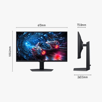 ขนาดของ Samsung Odyssey G7 (613 x 553.2 x 263.5 มม.) พร้อมขาตั้งสีดำ และความลึกหน้าจอ 73.8 มม. (ไม่รวมขาตั้ง) หน้าจอแสดงภาพยานอวกาศกำลังแล่นผ่านอุโมงค์สีฟ้านีออน