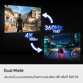 โหมดคู่ เล่นเกมในแบบของคุณ ทั้งแบบ 4K หรือ 360Hz สองหน้าจอแสดงเกมที่แตกต่างกัน เกมหนึ่งแสดงผลแบบ 4K ที่ 180Hz และอีกเกมแสดงผลแบบ 360Hz ที่ FHD