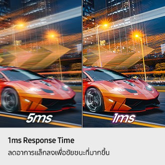 เวลาตอบสนอง 1 มิลลิวินาที ลดอาการหน่วงเพื่อชัยชนะที่มากขึ้น รถสปอร์ตกำลังแข่งกันด้วยความเร็วเต็มที่ มองเห็นรถสปอร์ตได้อย่างชัดเจนโดยไม่เกิดอาการหน่วงในเวลาเพียง 1 มิลลิวินาที เทียบกับ 5 มิลลิวินาที