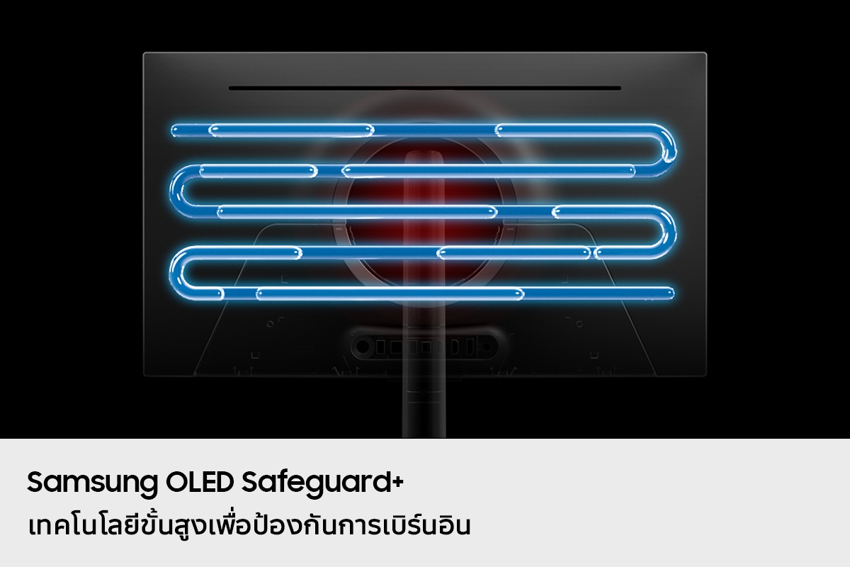 [เทคโนโลยีขั้นสูงเพื่อป้องกันการไหม้ด้วย Sáms~úñg Ó~LÉD S~áfég~úárd~+ มุมมองเอ็กซ์เรย์ของแผงด้านหลังของจอภาพที่มีจุดศูนย์กลางเป็นสีแดง ซึ่งแสดงสัญญาณของความร้อน ส่วนต่าง ๆ ของน้ำหล่อเย็นภายในท่อระบายความร้อน]