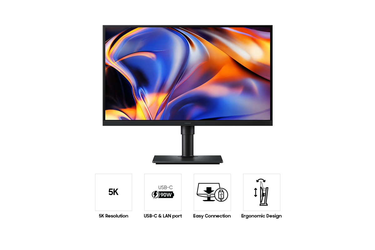 ด้านหน้าของทีวี Samsung ViewFinity S8 S80HF ขนาด 27 นิ้ว แสดงสีสันสดใส พร้อมไอคอนสี่ไอคอนสำหรับคุณสมบัติต่างๆ ได้แก่ ความละเอียด 5K, พอร์ต USB-C และ LAN, การเชื่อมต่อที่ง่าย และการออกแบบตามหลักสรีรศาสตร์
