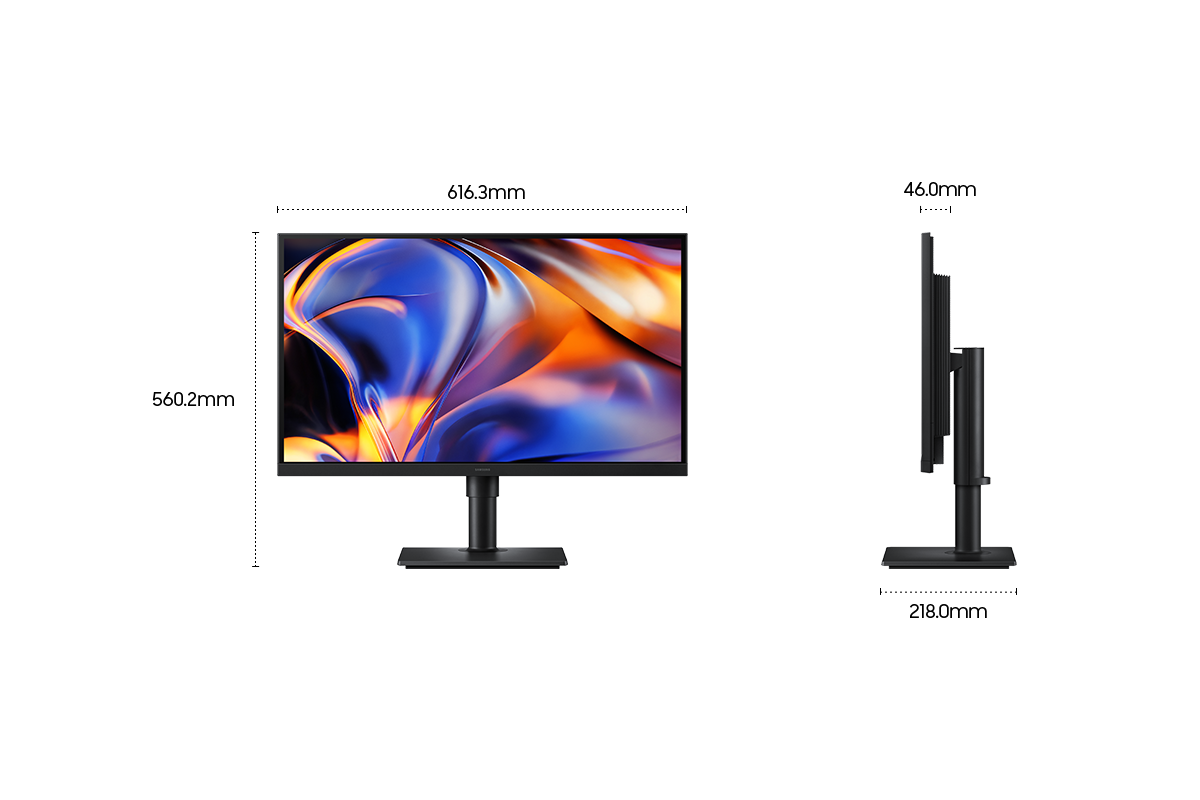ขนาดของ Samsung ViewFinity S8 S80HF ขนาด 27 นิ้ว (616.3 x 560.2 x 218.0 มม.) เมื่อรวมขาตั้ง และความลึกของหน้าจอ 46.0 มม. เมื่อไม่รวมขาตั้ง หน้าจอแสดงผลสีสันสดใสหลากหลายเฉด