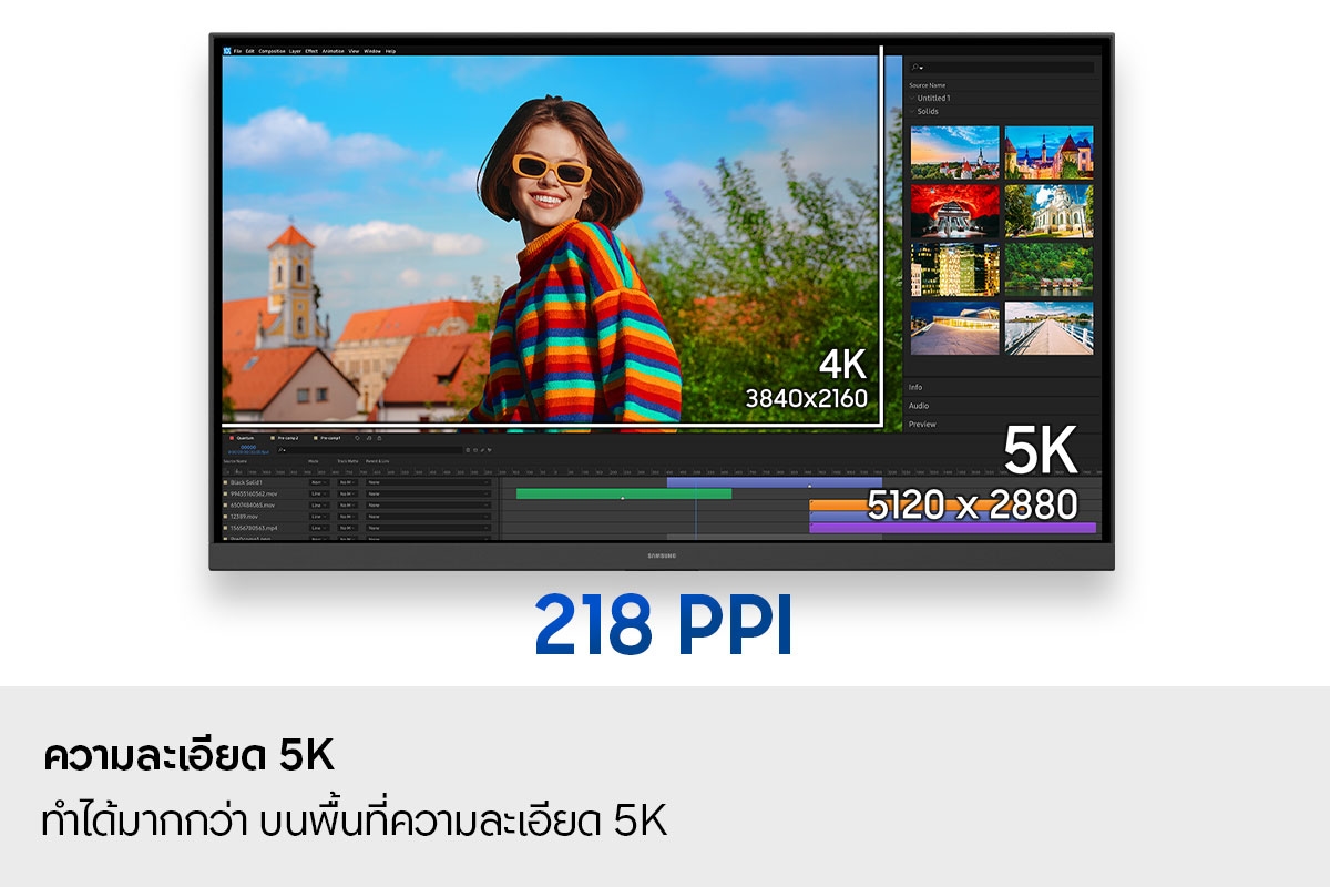 ความละเอียด 5K พื้นที่มากขึ้นเพื่อการทำงานที่ดียิ่งขึ้นในความละเอียด 5K จอภาพแสดงภาพขณะเปิดโปรแกรมแก้ไขภาพ หน้าจอแสดงความละเอียด 4K (3840 x 2160) และ 5K (5120 x 2880) ด้านล่างแสดงความหนาแน่นพิกเซล 218 PPI