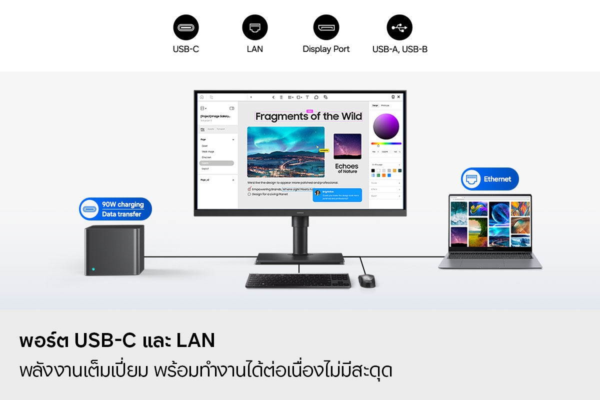 พอร์ต USB-C และ LAN ช่วยให้คุณทำงานได้อย่างต่อเนื่องและมีประสิทธิภาพ จอภาพเชื่อมต่อกับพีซี แล็ปท็อป คีย์บอร์ด และเมาส์ จอภาพเปิดโปรแกรมตัดต่ออยู่ ไอคอนพอร์ตเหนือพีซีแสดงถึงการชาร์จและการถ่ายโอนข้อมูล 90W ขณะที่ไอคอนอีเธอร์เน็ตอยู่เหนือแล็ปท็อป ไอคอนสำหรับ USB-C, LAN, DisplayPort, USB-A และ USB-B