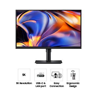 ด้านหน้าของทีวี Samsung ViewFinity S8 S80HF ขนาด 27 นิ้ว แสดงสีสันสดใส พร้อมไอคอนสี่ไอคอนสำหรับคุณสมบัติต่างๆ ได้แก่ ความละเอียด 5K, พอร์ต USB-C และ LAN, การเชื่อมต่อที่ง่าย และการออกแบบตามหลักสรีรศาสตร์