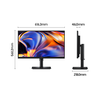 ขนาดของ Samsung ViewFinity S8 S80HF ขนาด 27 นิ้ว (616.3 x 560.2 x 218.0 มม.) เมื่อรวมขาตั้ง และความลึกของหน้าจอ 46.0 มม. เมื่อไม่รวมขาตั้ง หน้าจอแสดงผลสีสันสดใสหลากหลายเฉด