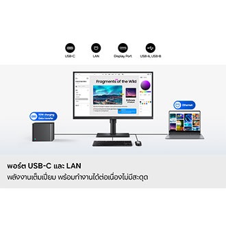 พอร์ต USB-C และ LAN ช่วยให้คุณทำงานได้อย่างต่อเนื่องและมีประสิทธิภาพ จอภาพเชื่อมต่อกับพีซี แล็ปท็อป คีย์บอร์ด และเมาส์ จอภาพเปิดโปรแกรมตัดต่ออยู่ ไอคอนพอร์ตเหนือพีซีแสดงถึงการชาร์จและการถ่ายโอนข้อมูล 90W ขณะที่ไอคอนอีเธอร์เน็ตอยู่เหนือแล็ปท็อป ไอคอนสำหรับ USB-C, LAN, DisplayPort, USB-A และ USB-B