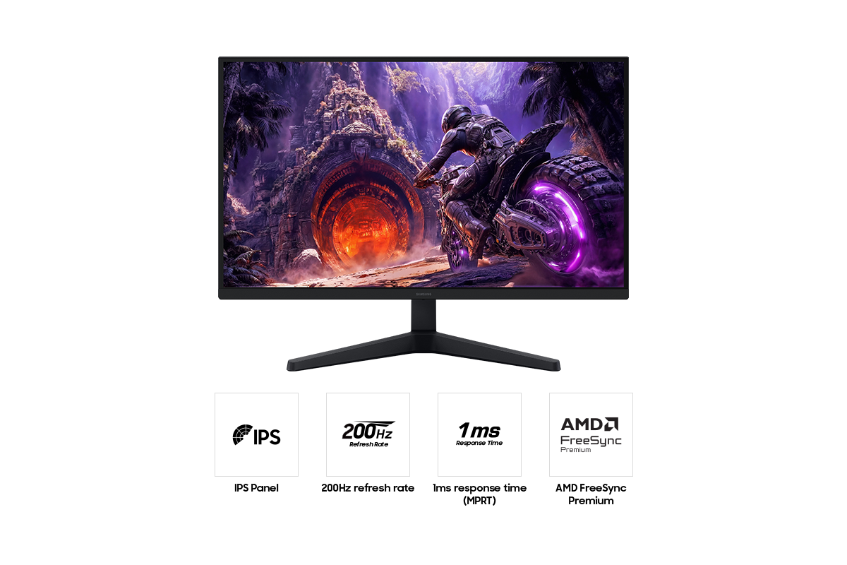 ด้านหน้าของ Samsung Odyssey G3 ไอคอนสี่ไอคอนสำหรับคุณสมบัติเกี่ยวกับแผง IPS, อัตราการรีเฟรช 200Hz, เวลาตอบสนอง 1ms (MPRT) และ AMD FreeSync Premium