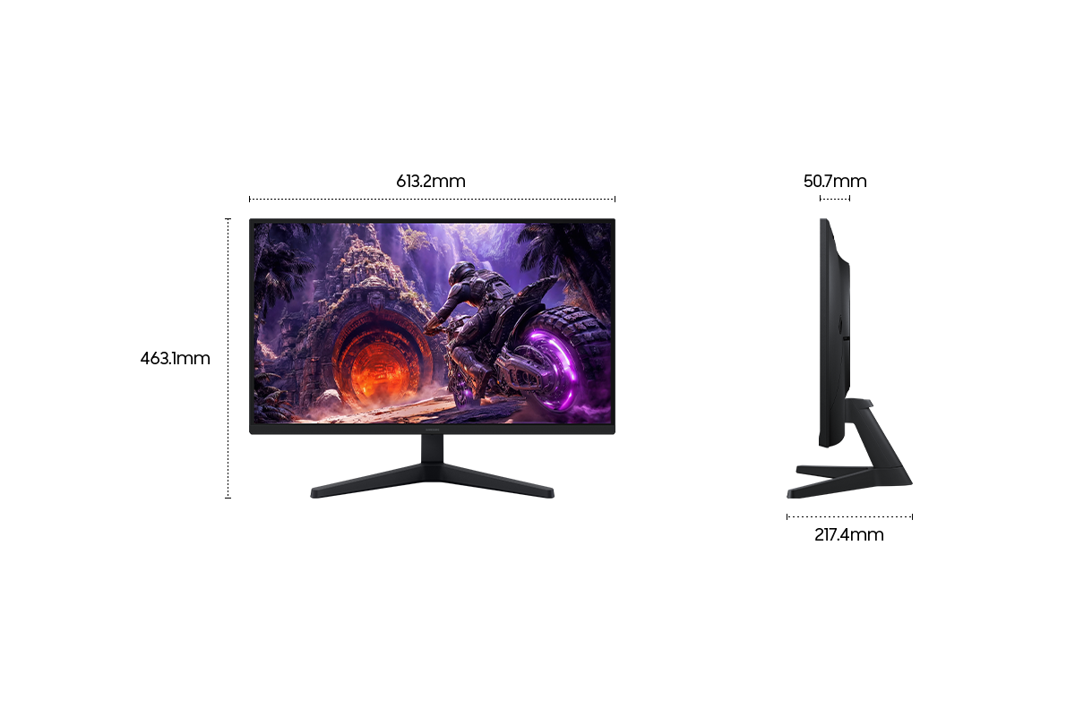 ขนาดของ Samsung Odyssey G3 (613.2 x 463.1 x 217.4 มม.) พร้อมขาตั้ง และความลึกของหน้าจอ 50.7 มม. เมื่อไม่มีขาตั้ง