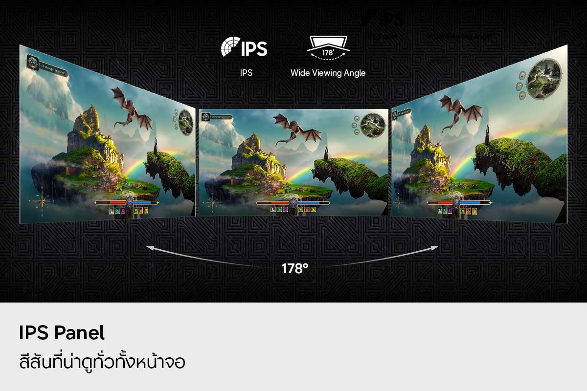 โลโก้ IPS และโลโก้มุมมองกว้าง 178 องศา จอภาพสามจอแสดงฉากเกมเดียวกันจากมุมมองที่แตกต่างกัน