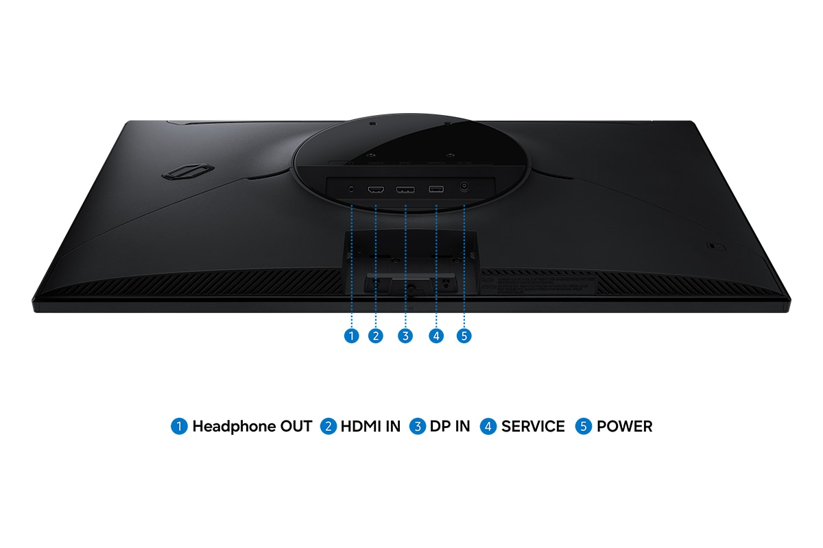 พอร์ตสำหรับจอภาพแสดงพอร์ตห้าพอร์ต ได้แก่ Headphone OUT, HDMI IN, DP IN, SERVICE และ POWER