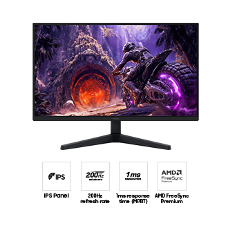 ด้านหน้าของ Samsung Odyssey G3 ไอคอนสี่ไอคอนสำหรับคุณสมบัติเกี่ยวกับแผง IPS, อัตราการรีเฟรช 200Hz, เวลาตอบสนอง 1ms (MPRT) และ AMD FreeSync Premium