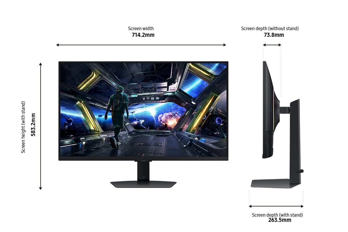 [ขนาดของ Sáms~úñg Ó~dýss~éý G7 G~70D พร้อมขาตั้งแบบโลหะ และความลึกของหน้าจอโดยไม่รวมขาตั้ง]
