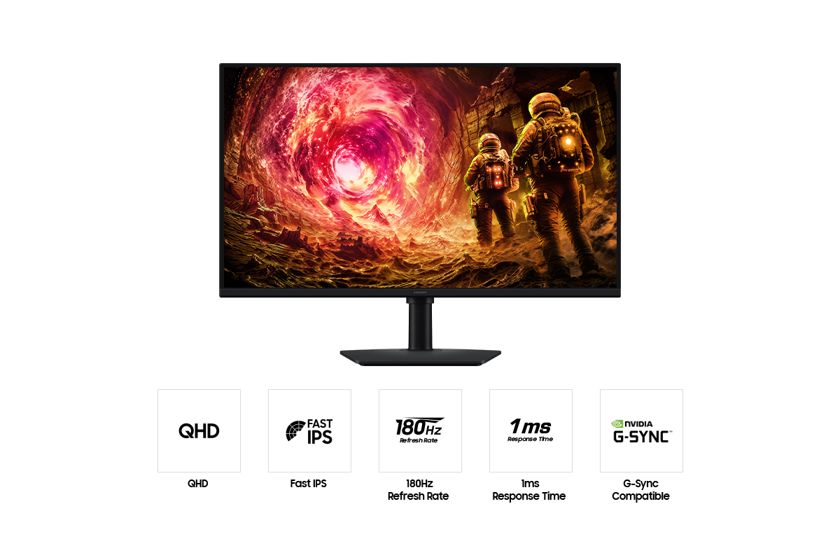 ด้านหน้าของ Samsung Odyssey G5 ขนาด 32 นิ้ว มีไอคอน 5 แบบสำหรับ QHD, IPS ที่รวดเร็ว, อัตราการรีเฟรช 180Hz, เวลาตอบสนอง 1ms และรองรับ G-Sync