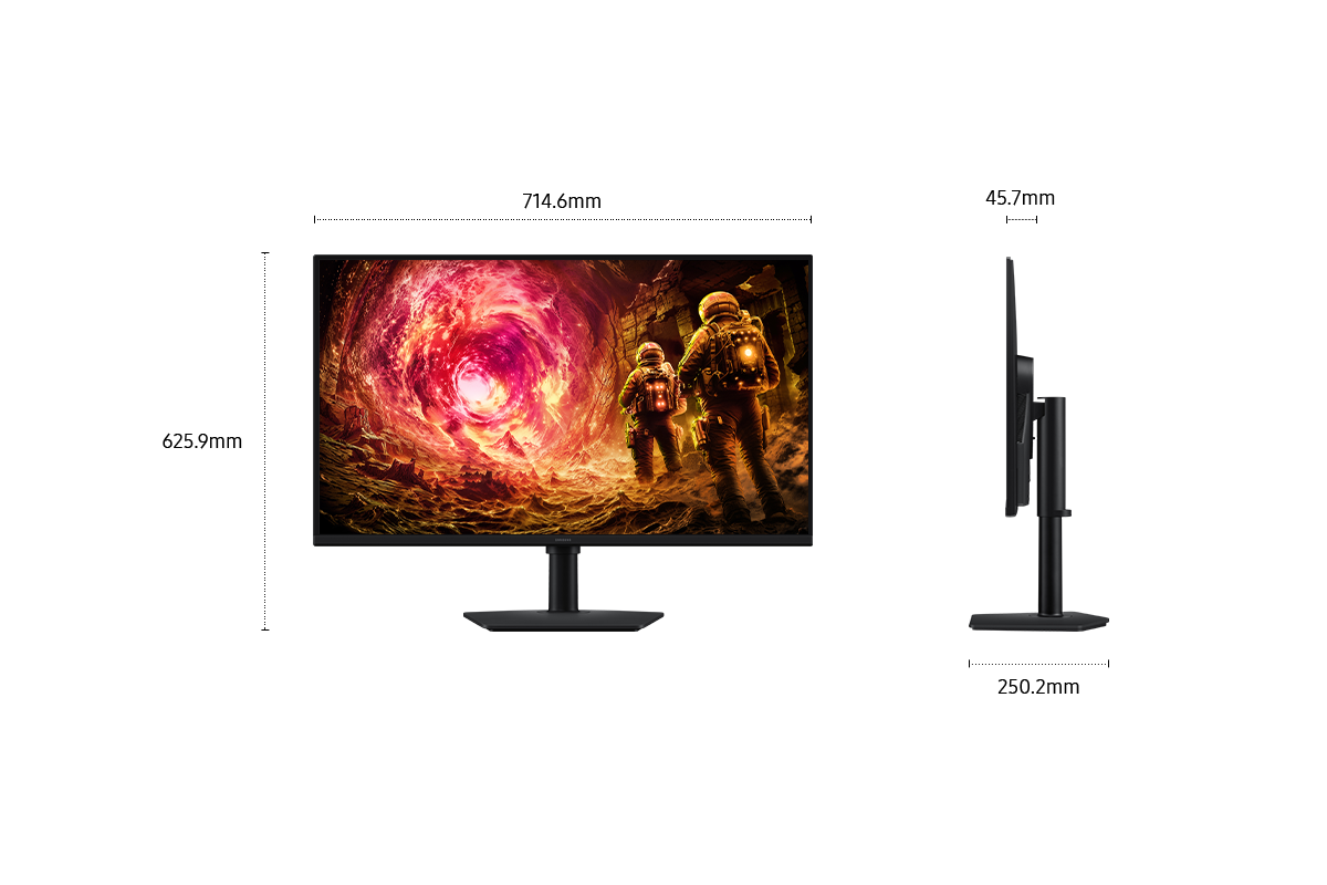 ขนาดของ Samsung Odyssey G5 ขนาด 32 นิ้ว (714.6 x 625.9 x 250.2 มม.) พร้อมขาตั้งสีดำ และความลึกหน้าจอ 45.7 มม. (ไม่รวมขาตั้ง) หน้าจอแสดงภาพตัวละครสองตัวกำลังมุ่งหน้าไปยังพอร์ทัลสีชมพู