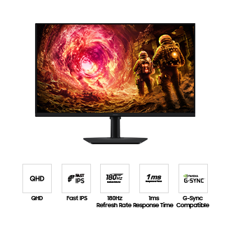 ด้านหน้าของ Samsung Odyssey G5 ขนาด 32 นิ้ว มีไอคอน 5 แบบสำหรับ QHD, IPS ที่รวดเร็ว, อัตราการรีเฟรช 180Hz, เวลาตอบสนอง 1ms และรองรับ G-Sync
