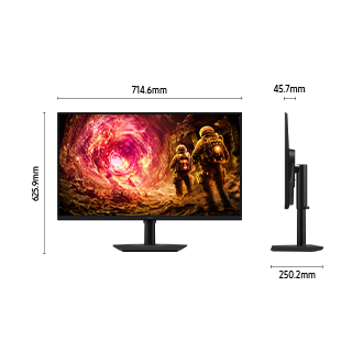 ขนาดของ Samsung Odyssey G5 ขนาด 32 นิ้ว (714.6 x 625.9 x 250.2 มม.) พร้อมขาตั้งสีดำ และความลึกหน้าจอ 45.7 มม. (ไม่รวมขาตั้ง) หน้าจอแสดงภาพตัวละครสองตัวกำลังมุ่งหน้าไปยังพอร์ทัลสีชมพู