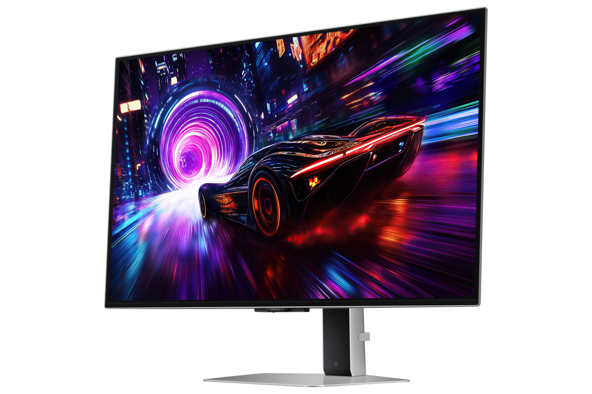 มุมมองด้านหน้าขวาของทีวี Samsung Odyssey OLED G8 ขนาด 32 นิ้ว พร้อมรถสปอร์ตที่แข่งกันมุ่งหน้าสู่อุโมงค์นีออน