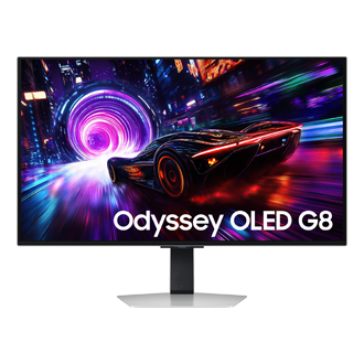 ด้านหน้าของ Samsung Odyssey OLED G8 ขนาด 32 นิ้ว พร้อมภาพรถสปอร์ตที่แข่งกันมุ่งสู่อุโมงค์นีออน