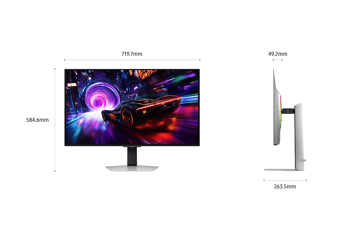 ขนาดหน้าจอ Samsung Odyssey OLED G8 ขนาด 32 นิ้ว (719.7 x 584.6 x 263.5 มม.) พร้อมขาตั้งโลหะ และความลึกของหน้าจอ 49.2 มม. โดยไม่รวมขาตั้ง หน้าจอแสดงภาพรถสปอร์ตที่กำลังแข่งกันมุ่งสู่ทางอุโมงค์นีออน