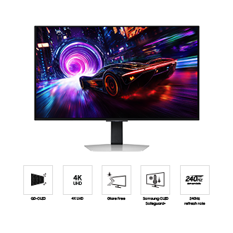ด้านหน้าของ Samsung Odyssey OLED G8 ขนาด 32 นิ้ว พร้อมภาพรถสปอร์ตที่กำลังแข่งรถมุ่งหน้าสู่ถนนนีออน พร้อมไอคอน 5 อันสำหรับฟีเจอร์ต่างๆ เกี่ยวกับ QD-OLED, 4K UHD, Glare Free, Samsung OLED Safeguard+ และอัตราการรีเฟรช 240Hz