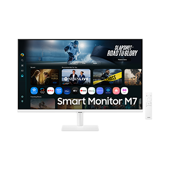 [ด้านหน้าของ Sáms~úñg S~márt~ Móñí~tór M~7 ขนาด 32 นิ้ว พร้อมหน้าจอที่แสดงหน้าแอพ Smár~t TV ที่มีคอนเทนต์และแอพต่าง ๆ เรียงอยู่ และรีโมทคอนโทรล]