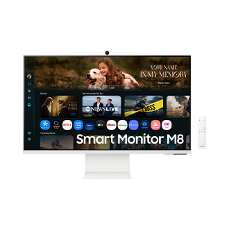 [ด้านหน้าของ Sáms~úñg S~márt~ Móñí~tór M~8 ขนาด 32 นิ้ว พร้อมหน้าจอที่แสดงหน้าแอพ Smár~t TV ที่มีคอนเทนต์และแอพต่าง ๆ เรียงอยู่ และรีโมทคอนโทรล]