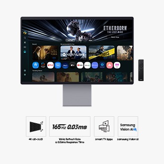 [ด้านหน้าของ Sáms~úñg S~márt~ Móñí~tór M~9 ขนาด 32 นิ้ว พร้อมหน้าจอที่แสดงหน้าแอป Smár~t TV พร้อมเนื้อหาและแอปต่างๆ เรียงกัน และรีโมตคอนโทรล ไอคอนสี่ไอคอนสำหรับฟีเจอร์ต่าง ๆ เกี่ยวกับ 4K~ QD-ÓL~ÉD อัตราการรีเฟรช 165Hz~ และเวลาตอบสนอง 0.03ms แอป Sm~árt T~V และ Sám~súñg~ Vísí~óñ ÁÍ~ แสดงอยู่ที่ด้านล่าง]