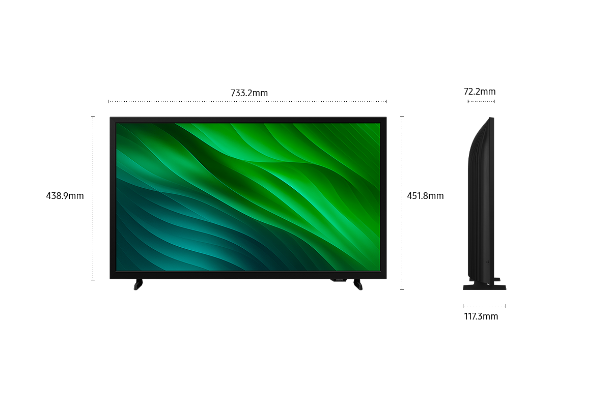 ขนาดหน้าจอ Samsung HD TV H5000 เพียงอย่างเดียว (733.2 x 438.9 x 72.2 มม.) ความสูงพร้อมขาตั้งขาเตี้ยสีดำ (451.8 มม.) ขนาดขาตั้งขาเตี้ยสีดำ (610.6 x 117.3 มม.)