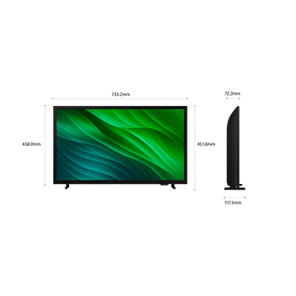 ขนาดหน้าจอ Samsung HD TV H5000 เพียงอย่างเดียว (733.2 x 438.9 x 72.2 มม.) ความสูงพร้อมขาตั้งขาเตี้ยสีดำ (451.8 มม.) ขนาดขาตั้งขาเตี้ยสีดำ (610.6 x 117.3 มม.)