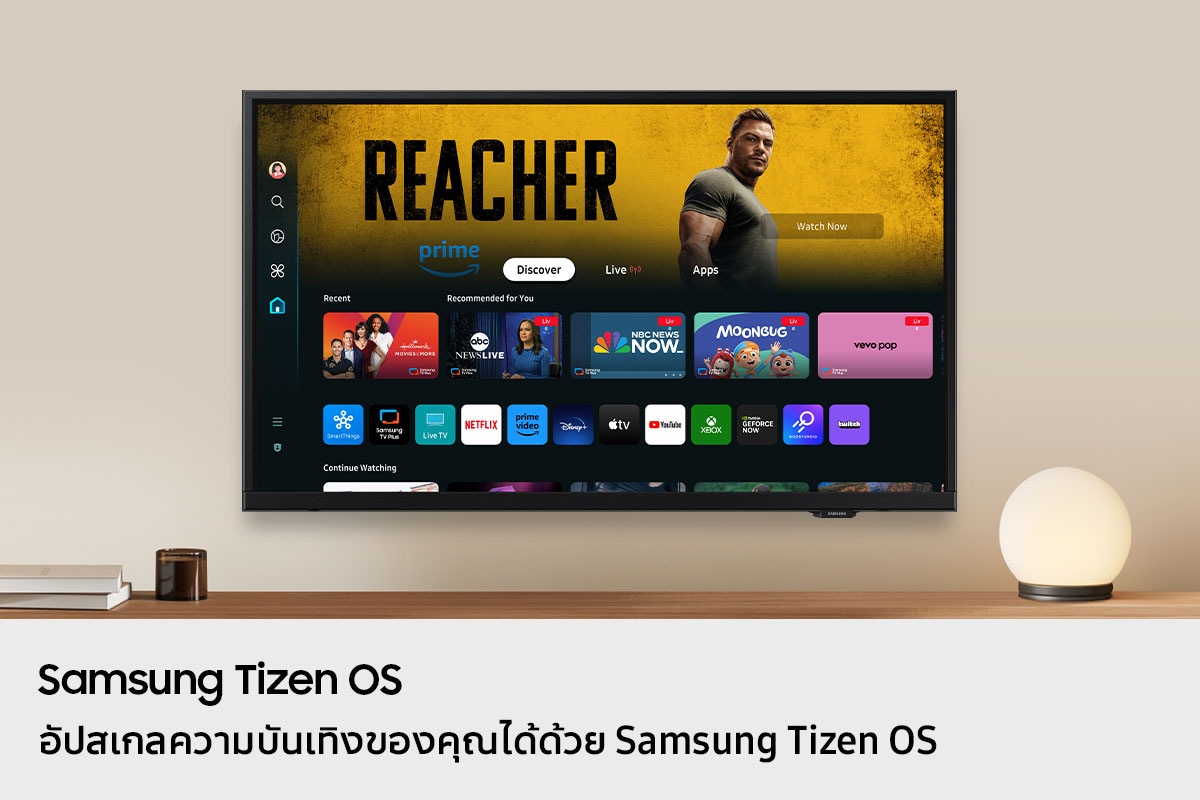 ทีวีติดผนังจะแสดงแอพยอดนิยมและเนื้อหาที่คัดสรรบนเมนูหลัก "Samsung Tizen OS"