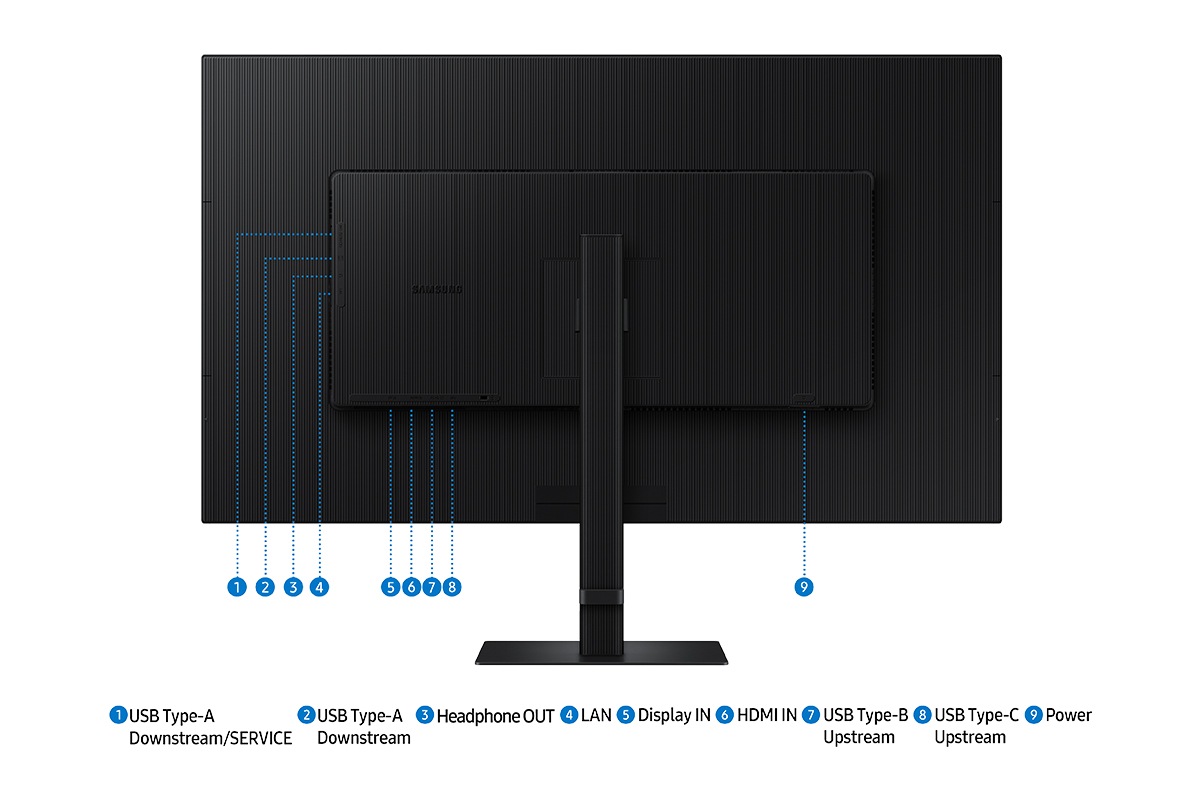 แจ็คพอร์ตของ Samsung ViewFinity S80UD รวมถึง USB Type-A Downstream/SERVICE, USB Type-A Downstream, USB Type-B Upstream, USB Type-C, หูฟังเข้า, LAN, Display IN, HDMI IN และพลังงาน