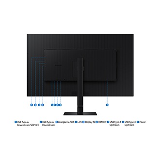 แจ็คพอร์ตของ Samsung ViewFinity S80UD รวมถึง USB Type-A Downstream/SERVICE, USB Type-A Downstream, USB Type-B Upstream, USB Type-C, หูฟังเข้า, LAN, Display IN, HDMI IN และพลังงาน