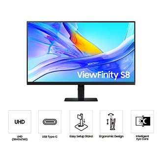 ด้านหน้าของ Samsung ViewFinity S80UD ขนาด 37 นิ้ว พร้อมคลื่นสีฟ้าบนหน้าจอและไอคอน 5 รายการสำหรับฟีเจอร์ต่าง ๆ เกี่ยวกับ UHD, USB Type-C, ขาตั้งที่ติดตั้งง่าย, การออกแบบตามหลักสรีรศาสตร์ และโหมดถนอมสายตา