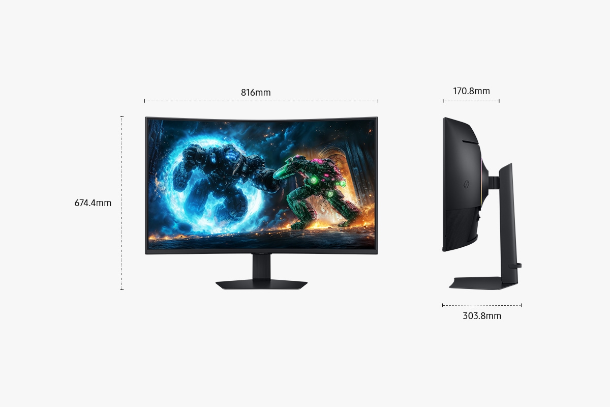 ขนาดของ Samsung Odyssey G7 ขนาด 37 นิ้ว (816 x 674.4 x 303.8 มม.) พร้อมขาตั้ง และความลึกหน้าจอ 170.8 มม. โดยไม่รวมขาตั้ง หน้าจอแสดงฉากต่อสู้