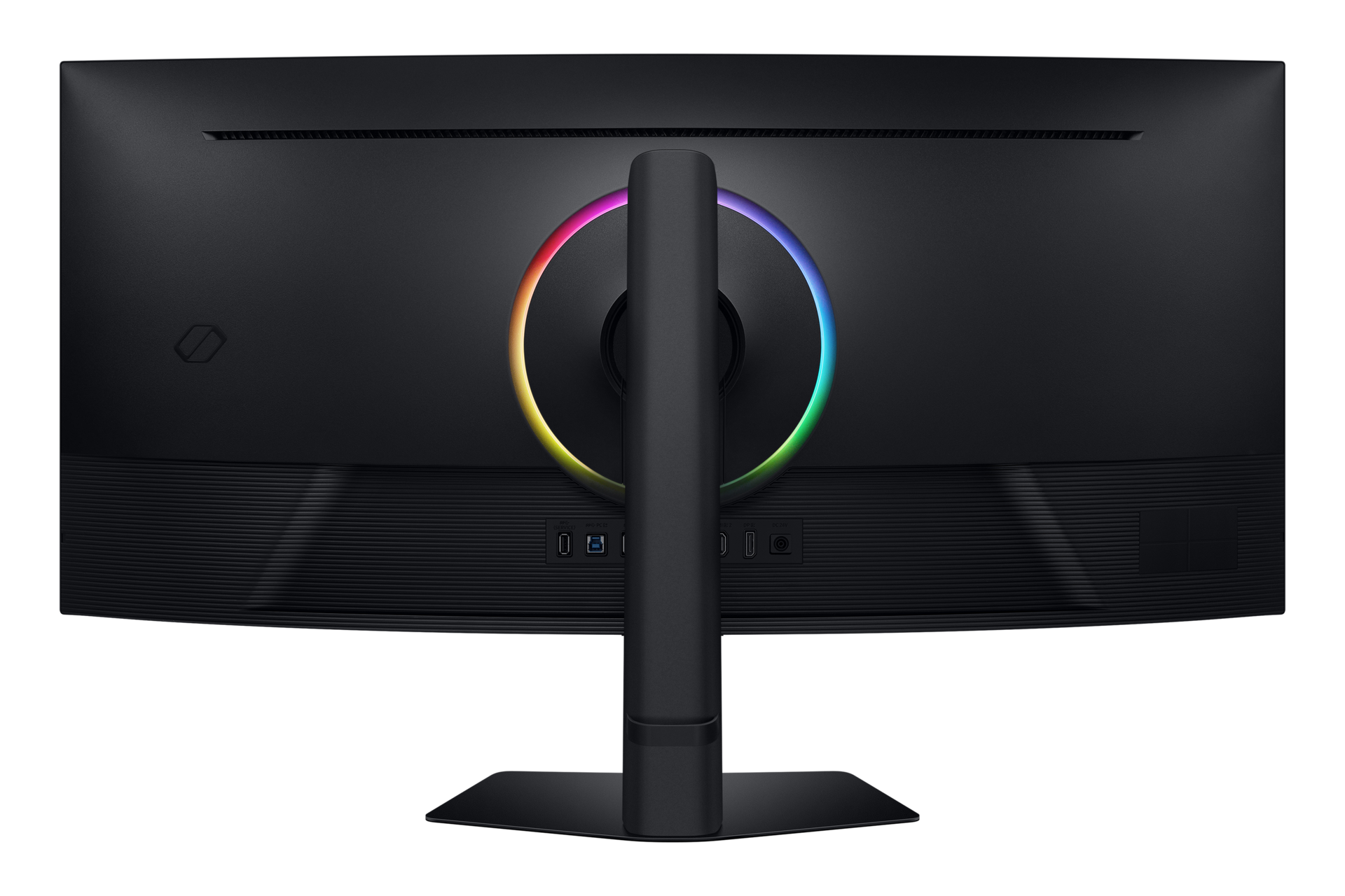 ด้านหลังของ Samsung Odyssey G7 ขนาด 40 นิ้ว ไฟหลากสีหมุนอยู่ตรงกลางแผงด้านหลัง