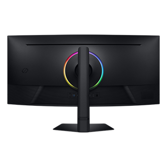 ด้านหลังของ Samsung Odyssey G7 ขนาด 40 นิ้ว ไฟหลากสีหมุนอยู่ตรงกลางแผงด้านหลัง