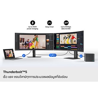 Thunderbolt™5 ความเร็วและพลังสำหรับงานที่ต้องใช้ข้อมูลจำนวนมาก จอภาพสองจอต่อพ่วงกัน จอหนึ่งต่อกับแล็ปท็อป แสดงการชาร์จไฟได้สูงสุด 140W ในขณะที่อีกจอต่อกับพีซี แสดงความเร็วในการถ่ายโอนข้อมูลได้สูงสุดถึง 80Gbps