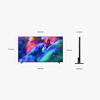 ขนาดของหน้าจอ Samsung Micro RGB R85H เท่านั้น (1442.9 x 831.2 x 52 มม.) ความสูงรวมขาตั้งกลมสีดำ (867.1 มม.) ขนาดของขาตั้งกลมสีดำ (1209.5 x 256.8 มม.)