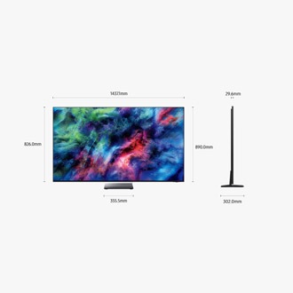 ขนาดของหน้าจอ Samsung Micro RGB R95H เท่านั้น (1437.1 x 826 x 29.6 มม.) ความสูงเมื่อรวมกับขาตั้ง Mirror Space Graphite Infinity Air Stand (890 มม.) ขนาดของขาตั้ง Mirror Space Graphite Infinity Air Stand (355.5 x 302.0 มม.)