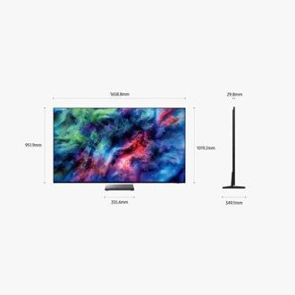 ขนาดของหน้าจอ Samsung Micro RGB R95H เท่านั้น (1658.8 x 951.9 x 29.8 มม.) ความสูงเมื่อรวมกับขาตั้ง Mirror Space Graphite Infinity Air Stand (1019.2 มม.) ขนาดของขาตั้ง Mirror Space Graphite Infinity Air Stand (355.6 x 349.1  มม.)